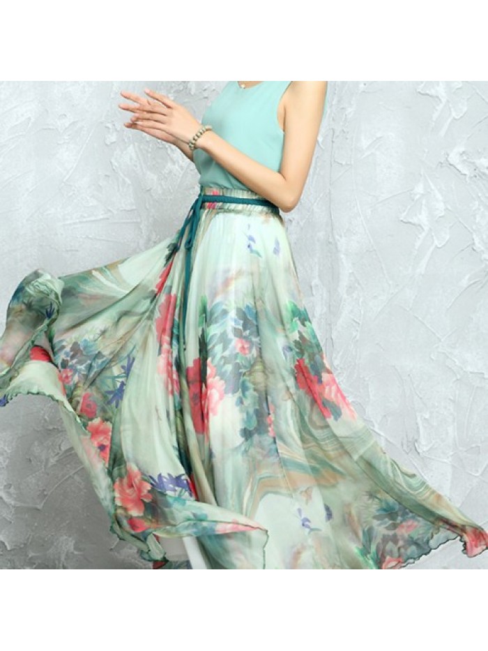 Vintage Floral Print Loose Hem Chiffon Long Skirts