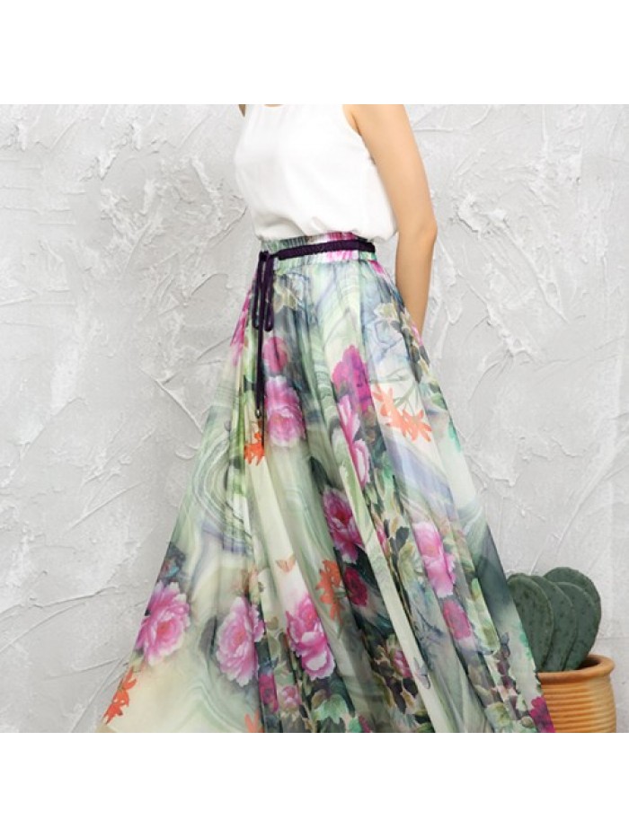 Vintage Floral Print Loose Hem Chiffon Long Skirts