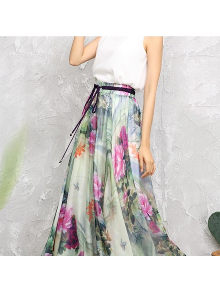 Vintage Floral Print Loose Hem Chiffon Long Skirts