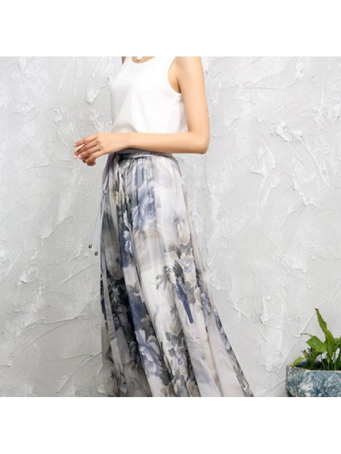 Vintage Floral Print Loose Hem Chiffon Long Skirts