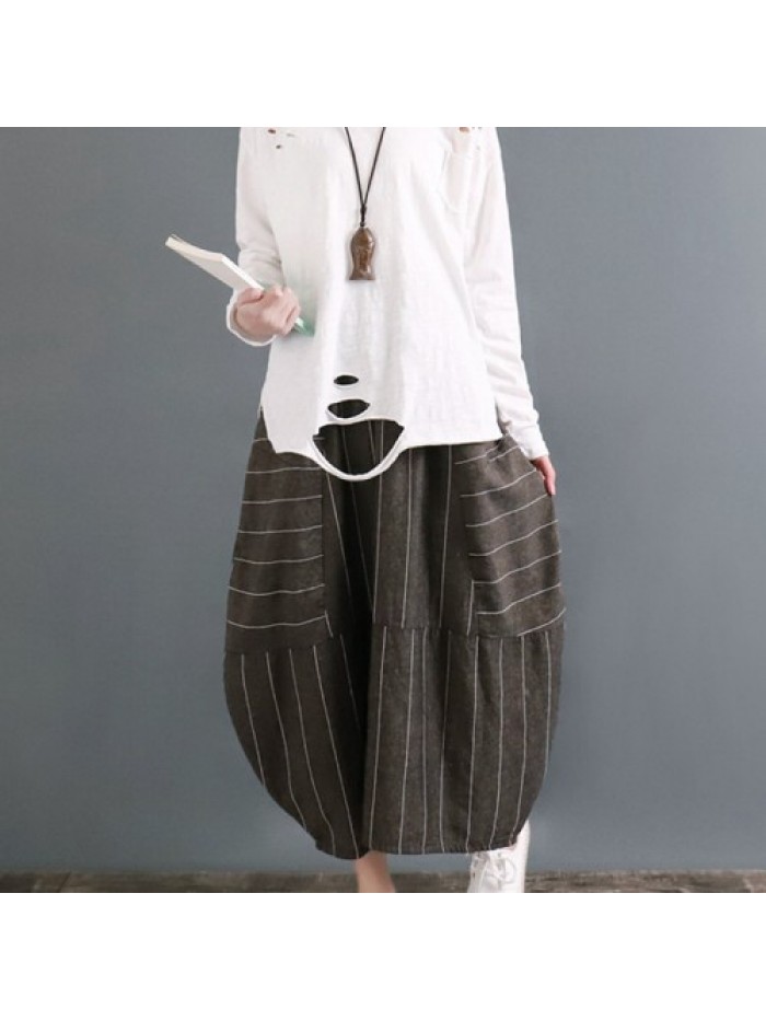 Fashion Elastic Waist Stripe Loose Skirts