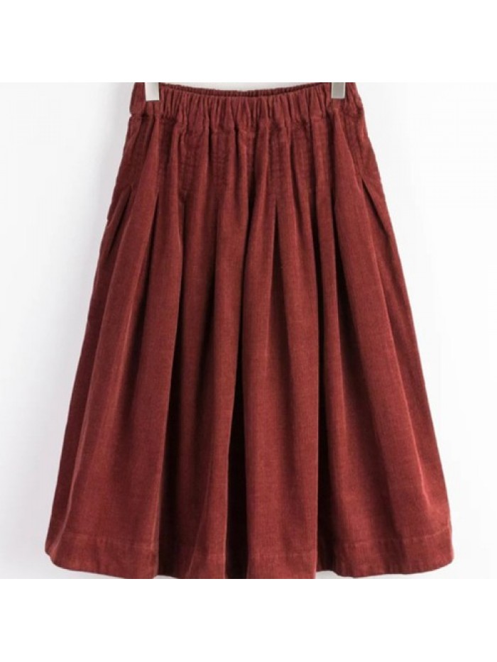 Casual Solid Color Elastic Waist Corduroy Skirt