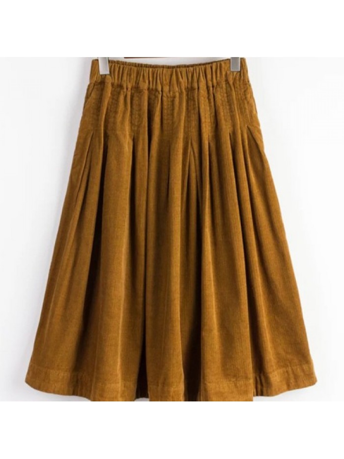 Casual Solid Color Elastic Waist Corduroy Skirt