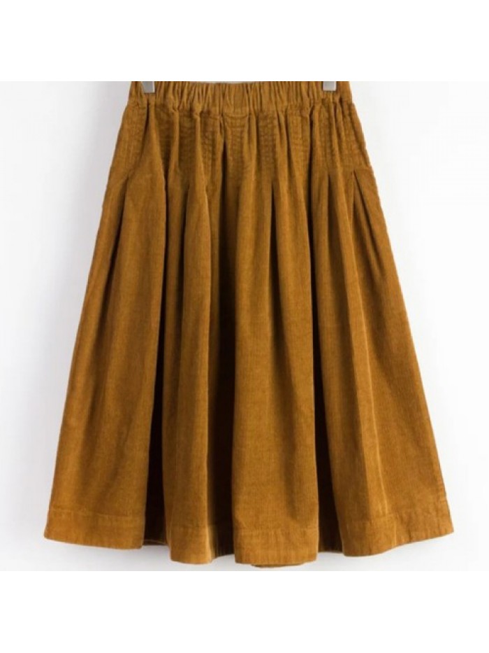 Casual Solid Color Elastic Waist Corduroy Skirt