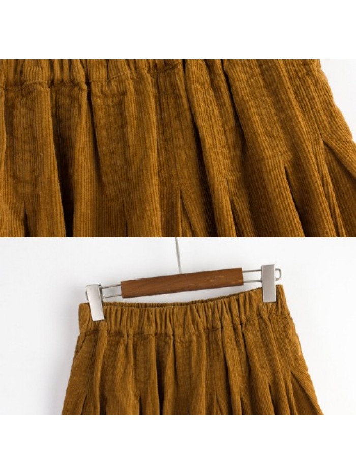 Casual Solid Color Elastic Waist Corduroy Skirt