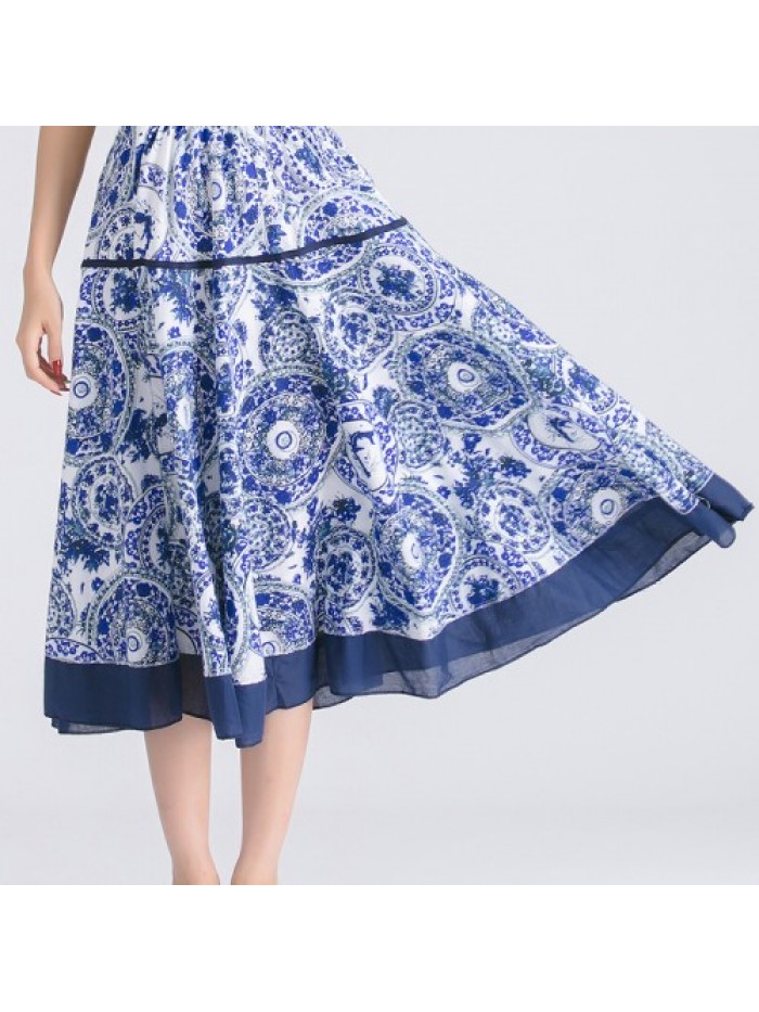 Colorful Floral Printed Elastic Waist Swing Skirt 