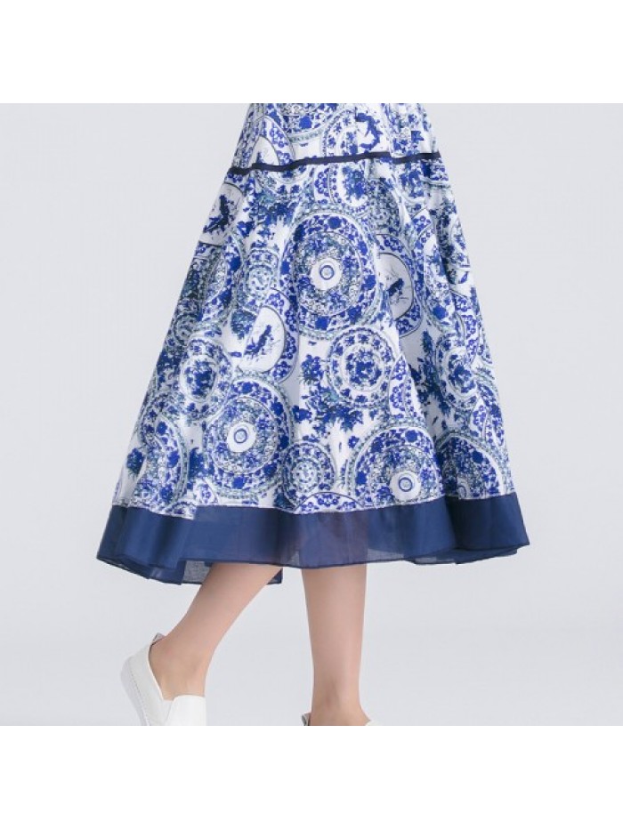 Colorful Floral Printed Elastic Waist Swing Skirt 