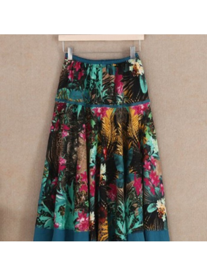 Colorful Floral Printed Elastic Waist Swing Skirt 