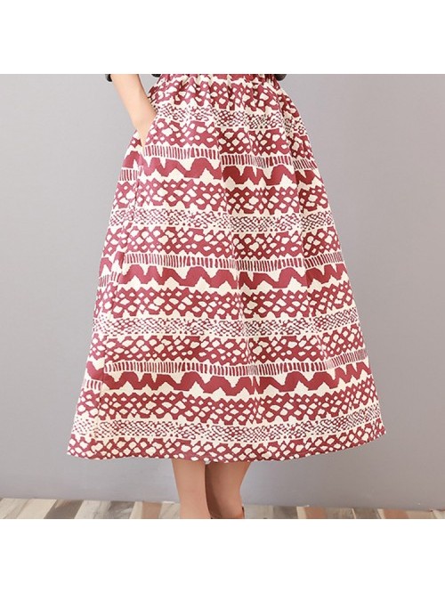 Casual Red/Blue Printed Elastic High Waist Skirt 