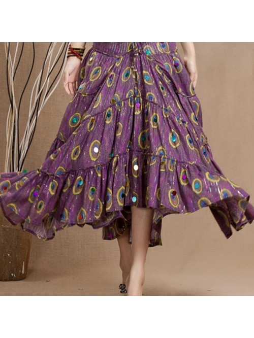 Purple Blue Feather Printed Swing Skirt