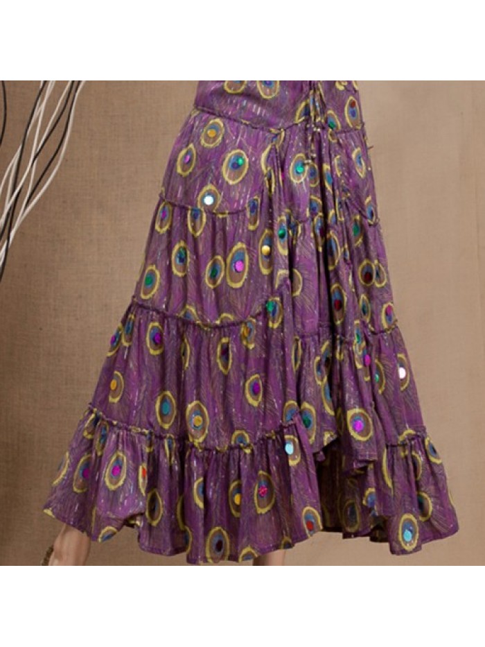 Purple Blue Feather Printed Swing Skirt