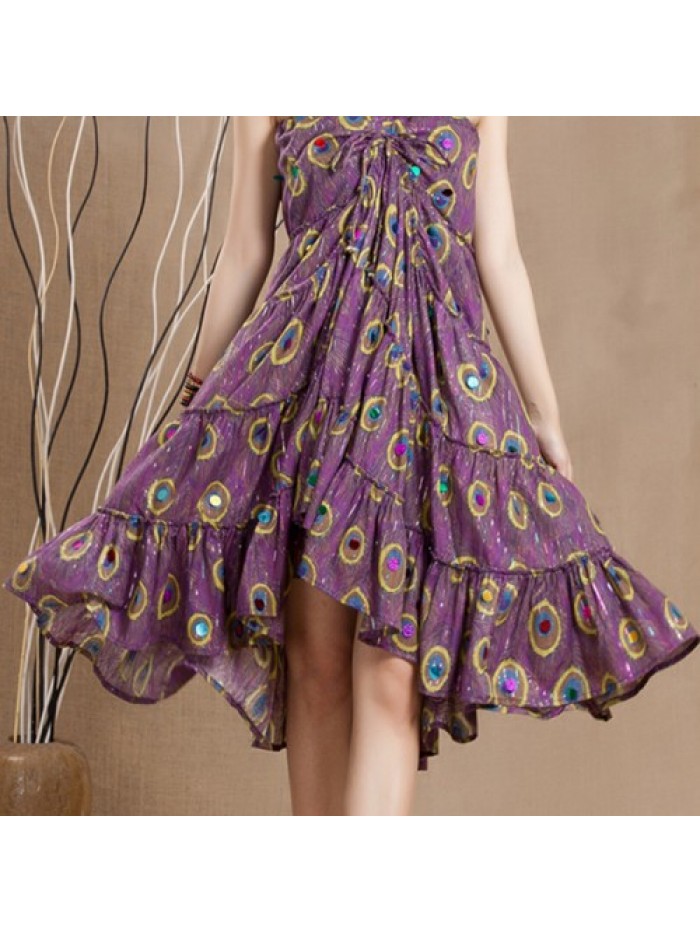 Purple Blue Feather Printed Swing Skirt