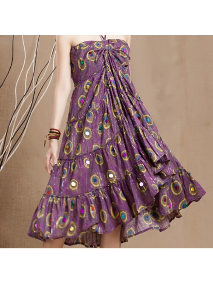 Purple Blue Feather Printed Swing Skirt