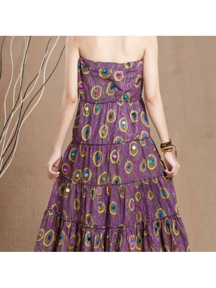 Purple Blue Feather Printed Swing Skirt