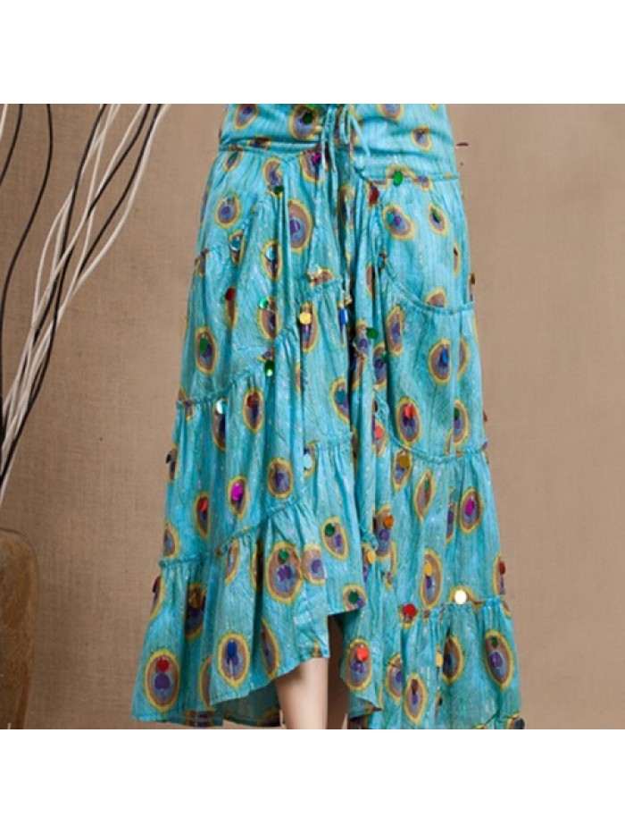 Purple Blue Feather Printed Swing Skirt