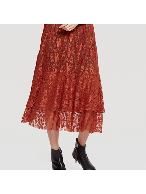 Elegant Lace Layered Pleated Elastic Waist Skirts