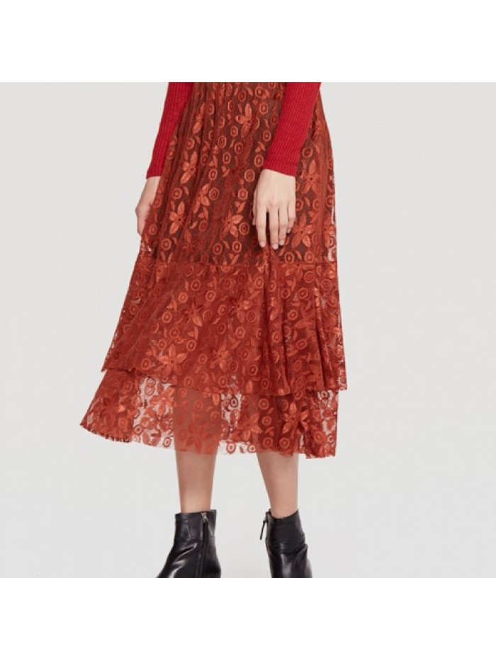 Elegant Lace Layered Pleated Elastic Waist Skirts