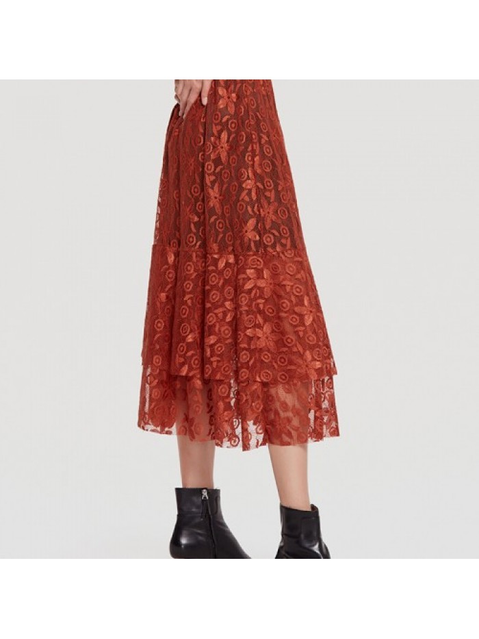 Elegant Lace Layered Pleated Elastic Waist Skirts