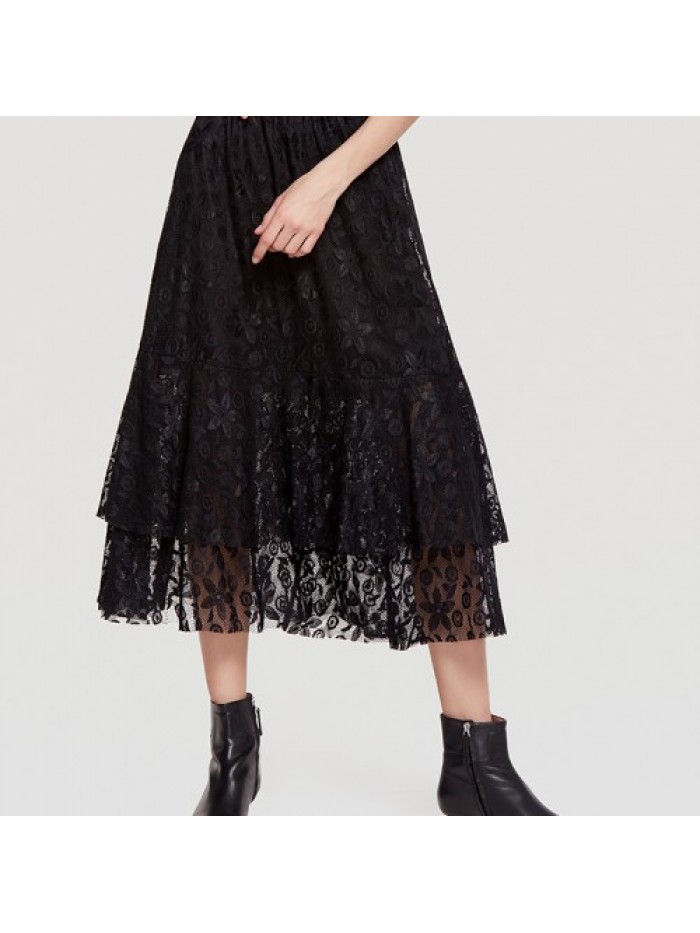 Elegant Lace Layered Pleated Elastic Waist Skirts