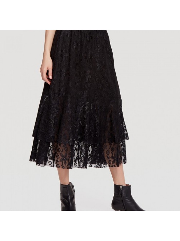 Elegant Lace Layered Pleated Elastic Waist Skirts