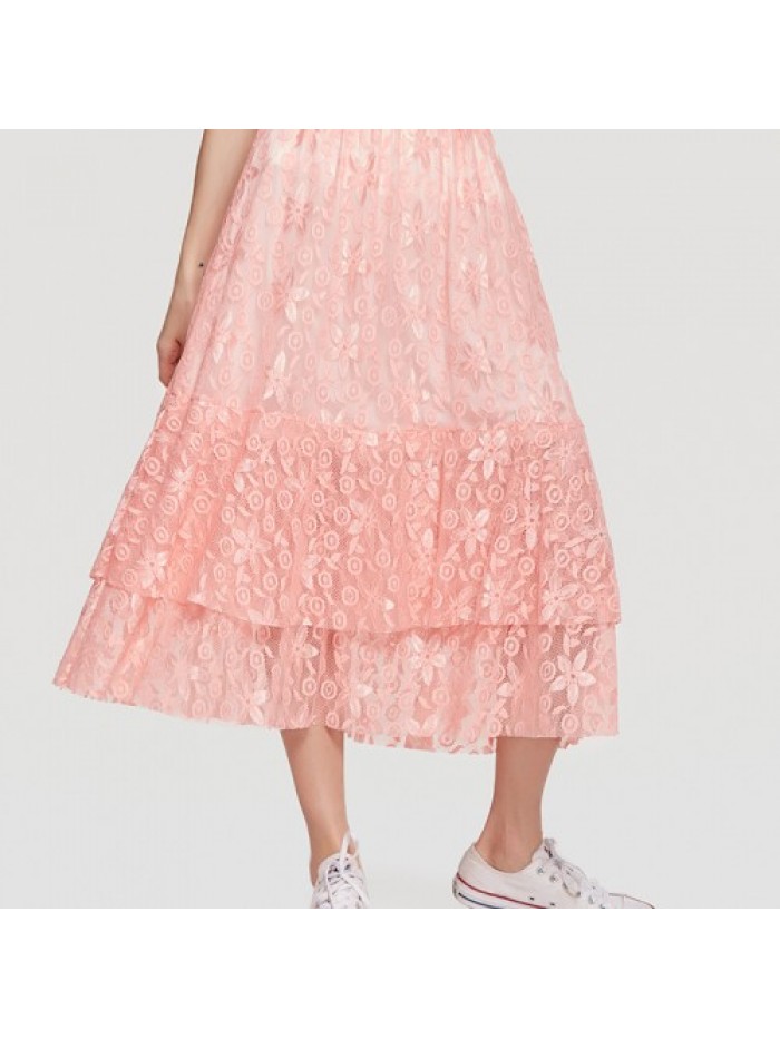 Elegant Lace Layered Pleated Elastic Waist Skirts