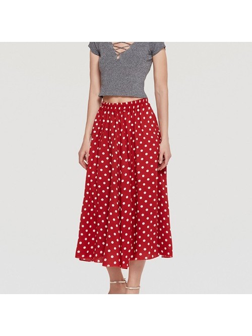 Simple Chiffon Polka Dot Pleated Elastic Waist Ski...