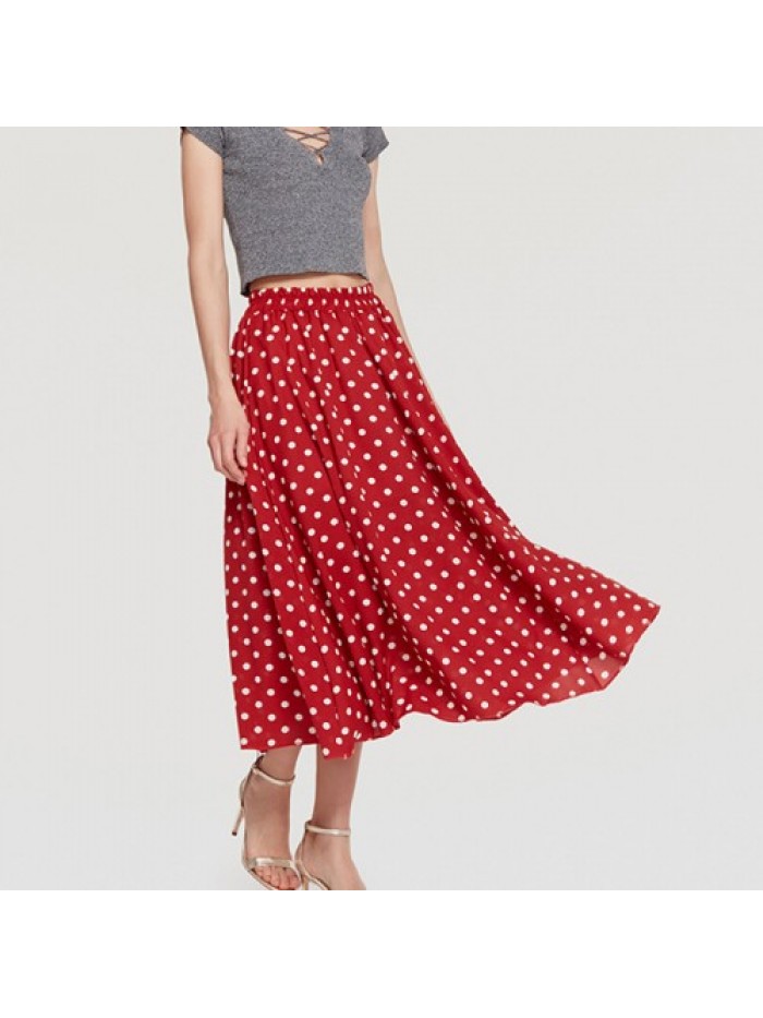 Simple Chiffon Polka Dot Pleated Elastic Waist Skirts