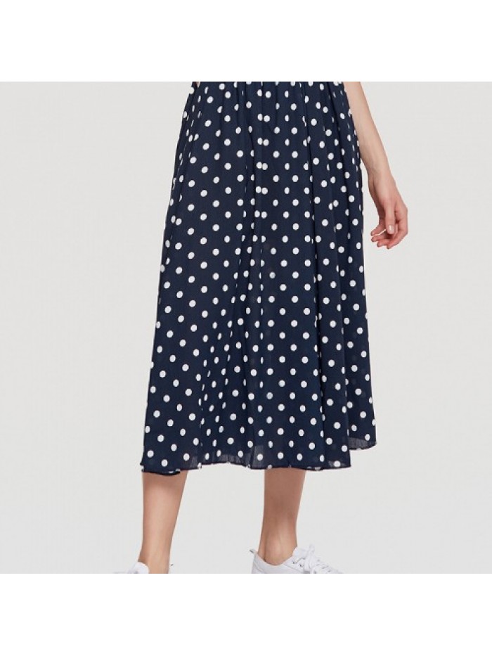 Simple Chiffon Polka Dot Pleated Elastic Waist Skirts