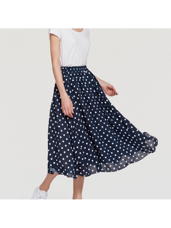 Simple Chiffon Polka Dot Pleated Elastic Waist Skirts