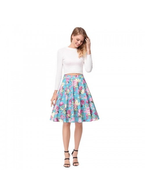 Green Elegant High Waist Floral Skirt 