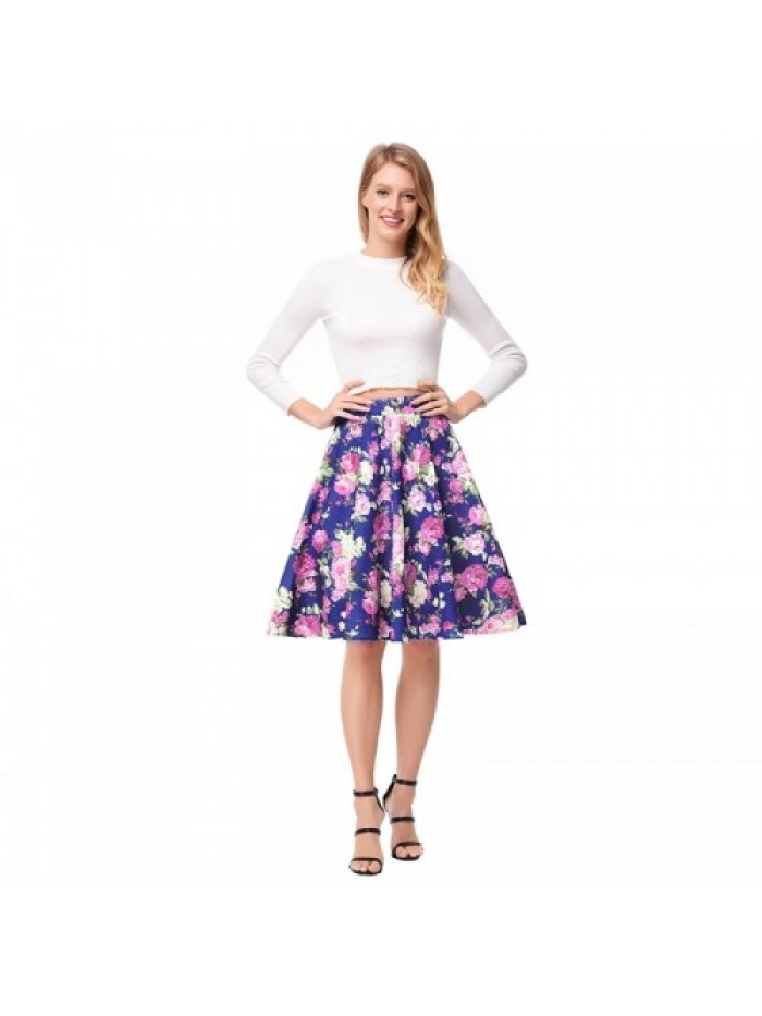 Dark Blue Elegant High Waist Vintage Floral Skirt