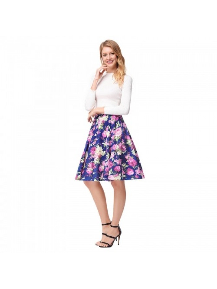 Dark Blue Elegant High Waist Vintage Floral Skirt