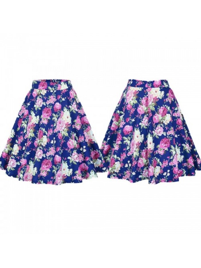 Dark Blue Elegant High Waist Vintage Floral Skirt