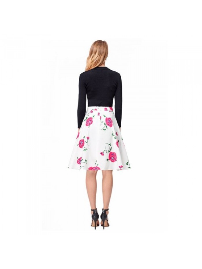 Red Rose Floral Print A Line Vintage Skirt 