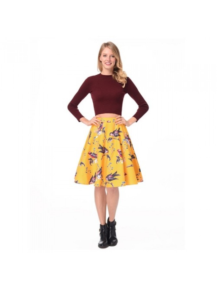 Yellow Bird Print Vintage Skirt 