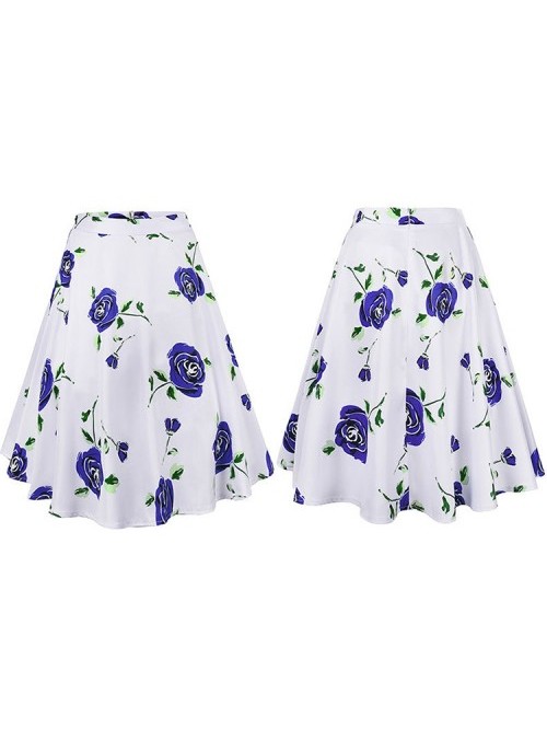 Blue Rose Floral Print A Line Vintage Skirt 