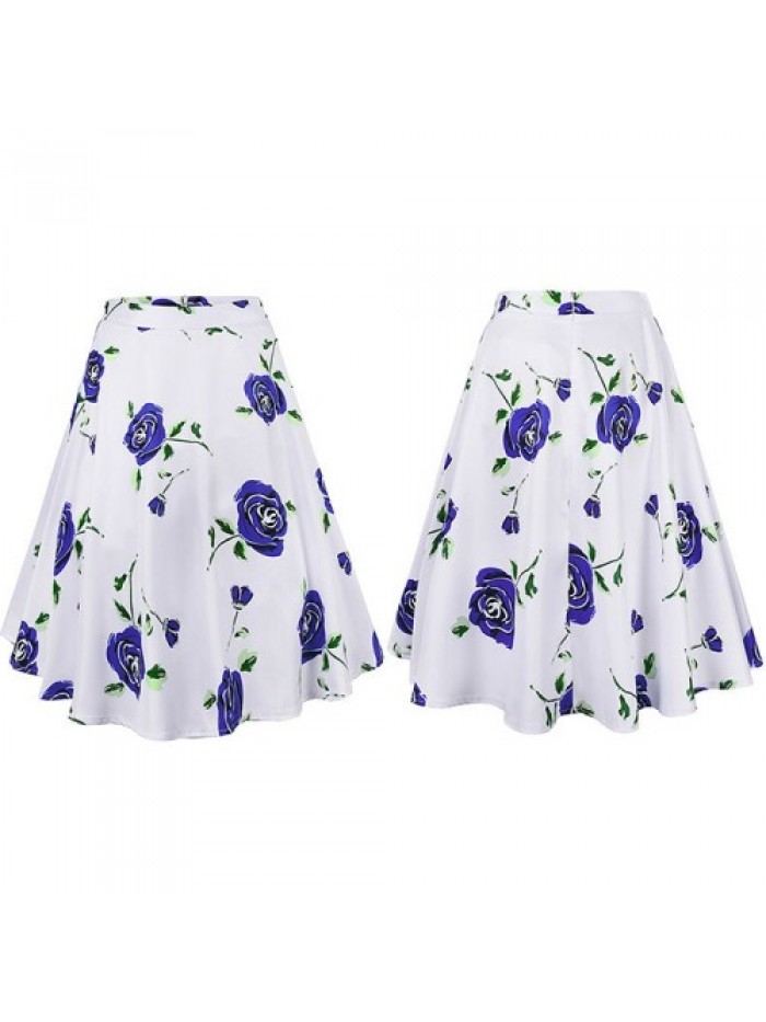 Blue Rose Floral Print A Line Vintage Skirt 