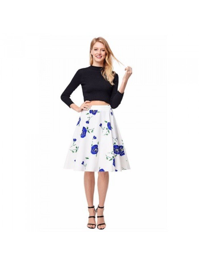 Blue Rose Floral Print A Line Vintage Skirt 