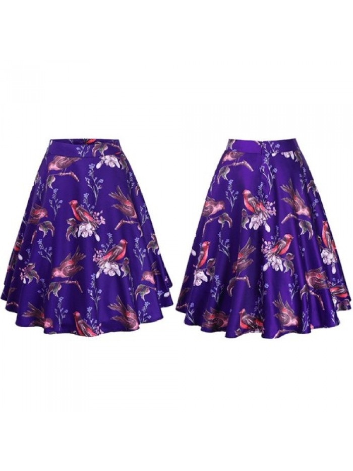 Blue Bird Print A Line Vintage Skirt 