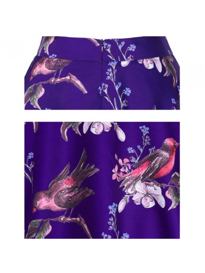 Blue Bird Print A Line Vintage Skirt 