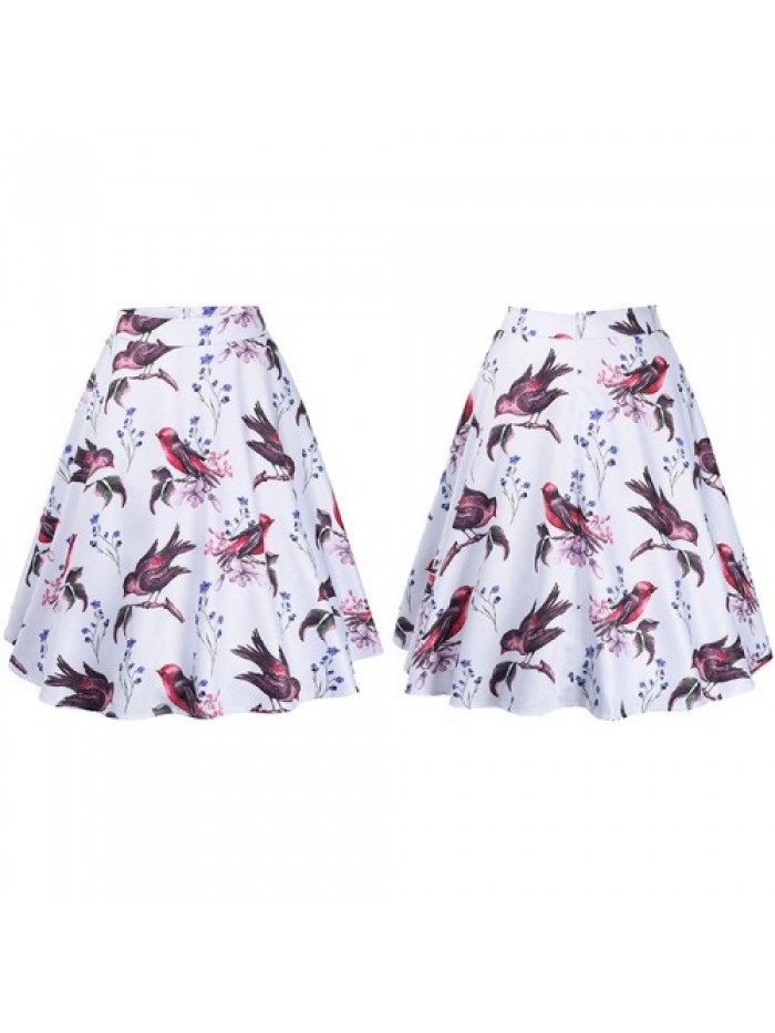 White Bird Print A Line Vintage Flared Skirt