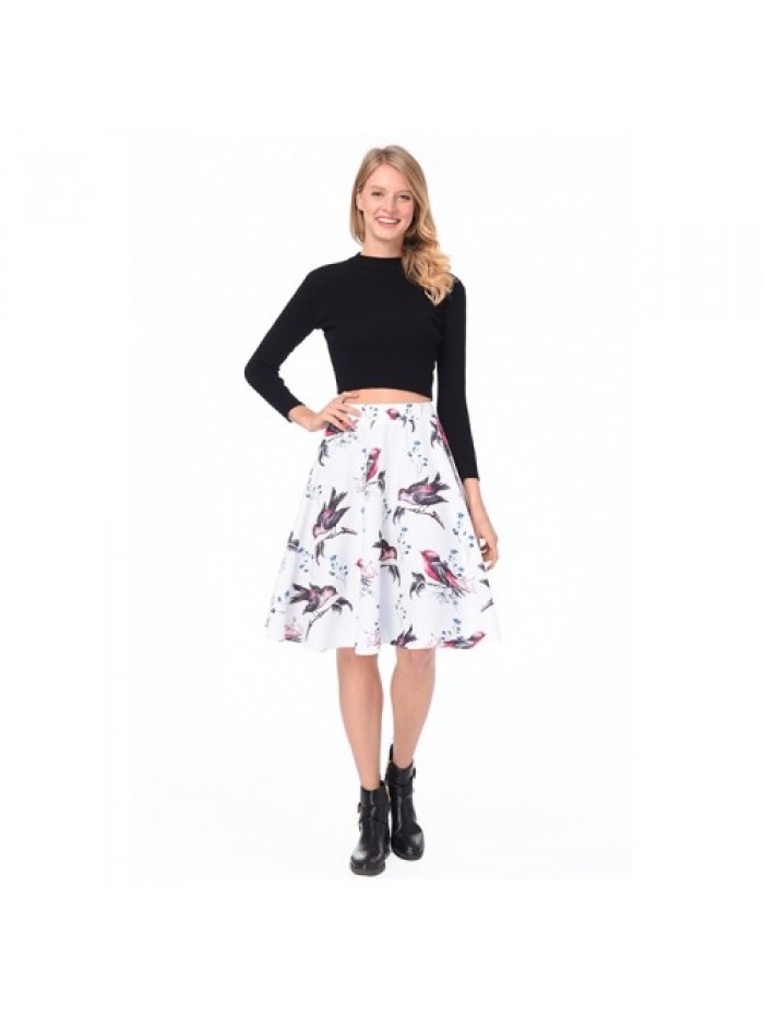 White Bird Print A Line Vintage Flared Skirt