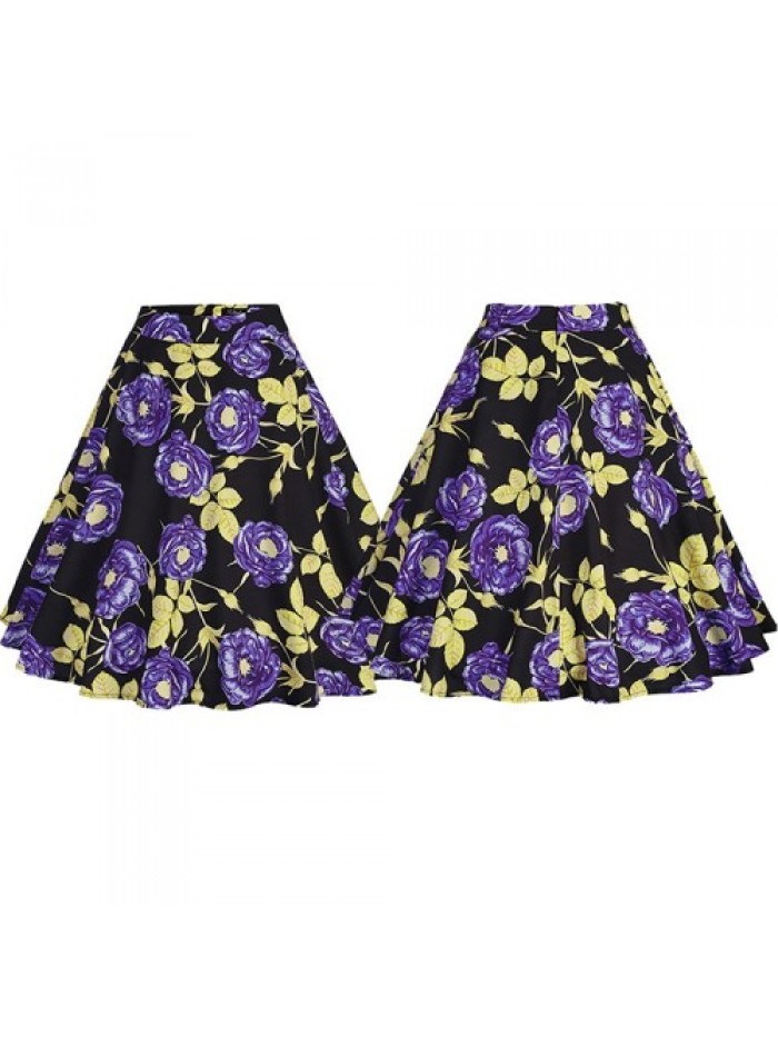 Purple Rose Floral Print High Waist Skirt 