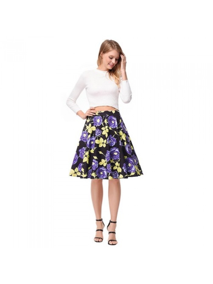 Purple Rose Floral Print High Waist Skirt 