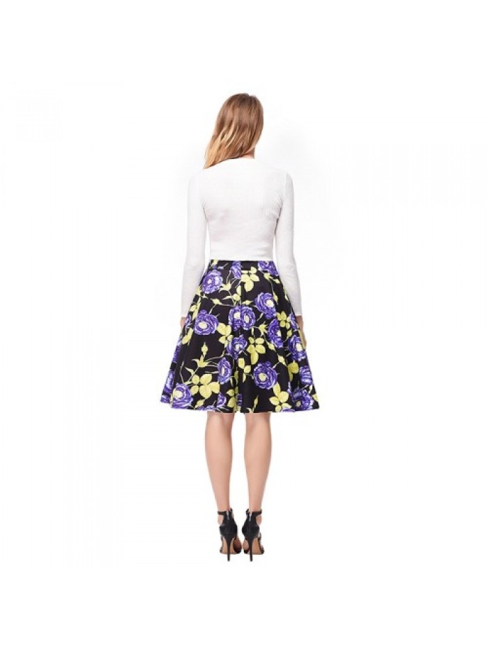 Purple Rose Floral Print High Waist Skirt 