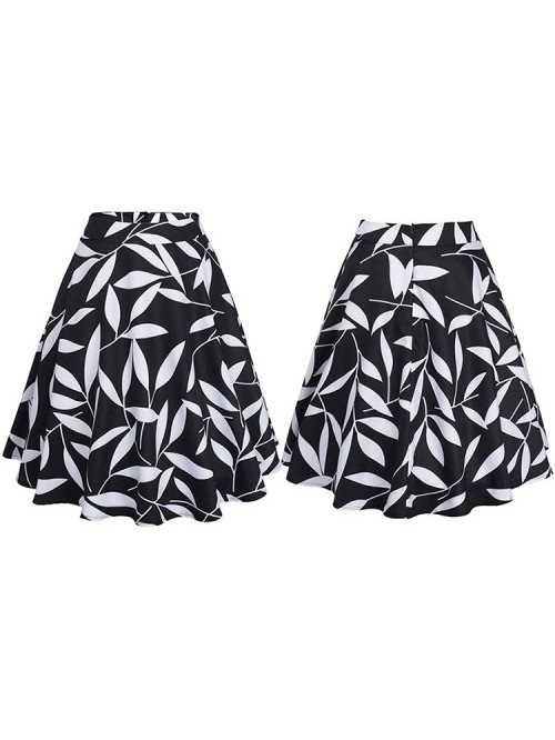 White Leaf Pattern Print Black Skirt