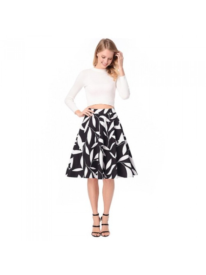 White Leaf Pattern Print Black Skirt