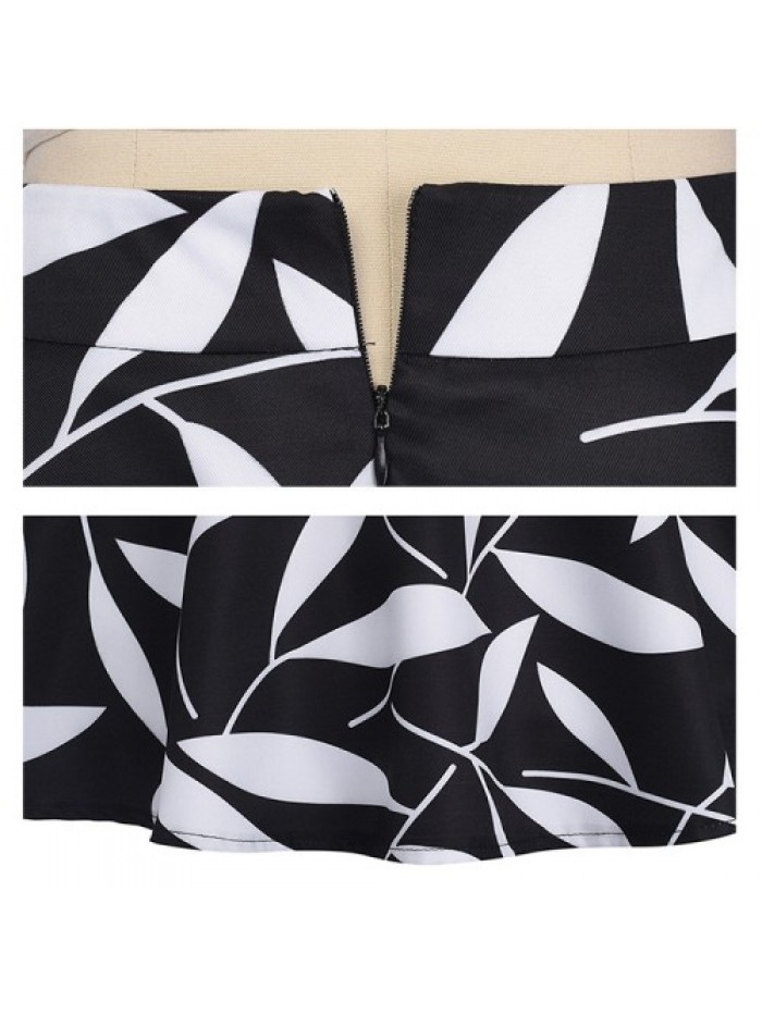 White Leaf Pattern Print Black Skirt