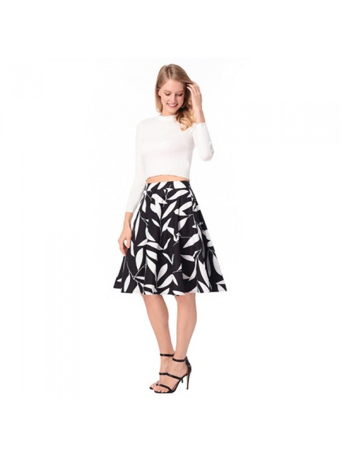 White Leaf Pattern Print Black Skirt